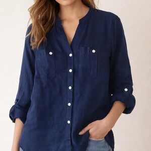 Isaac Mizrahi 100% Linen Navy Blue Button-Down Shirt Lightweight V-Neck Classic